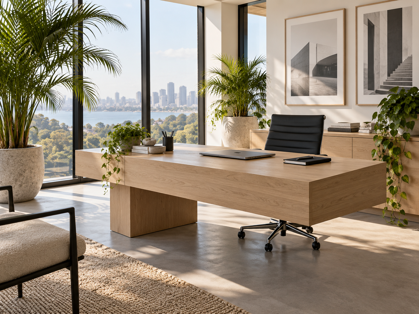 Modern bright office with an oak desk, natural light and green plants