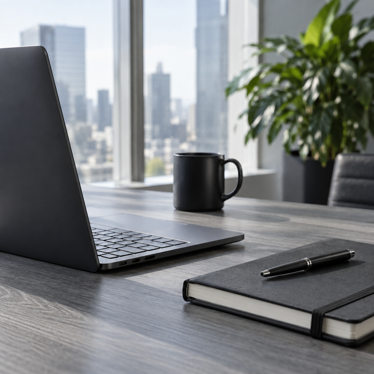 A modern office workspace with a laptop, coffee and notebook