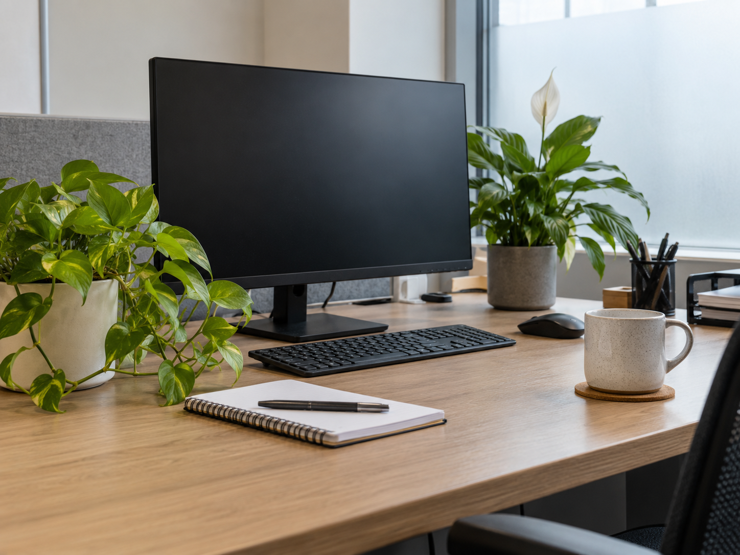 Office desk with computer and green plants beside a frosted window